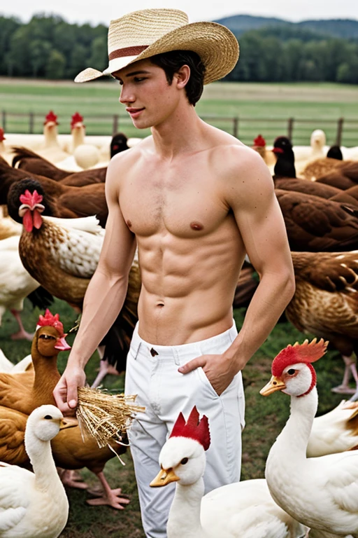 Young handsome cute beautiful white face skinny shirtless winged his grandmother humble ranch hat feeding corn to many chicken and duck
