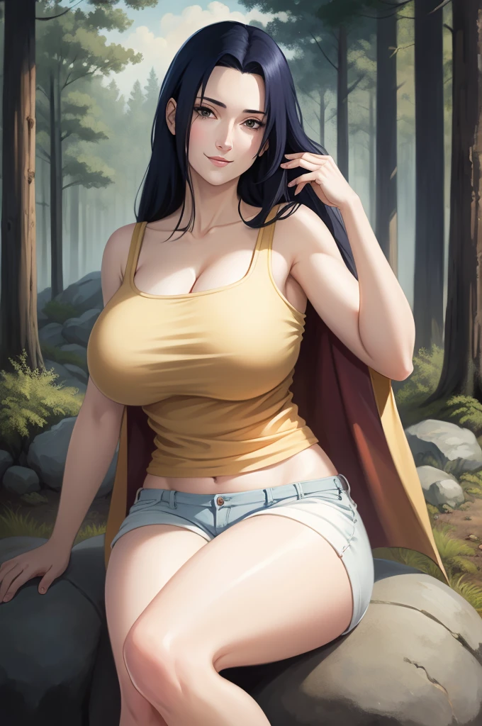 Mikoto Uchiha, oil painting, highly detailed, realistic, portrait, bright colors, soft lighting, (best quality, 4k,8k, height, masterpiece: 1.2), (big round breasts: 1.5), professional, long black hair, eyes black, beautiful detailed eyes and face, very detailed smile, long eyelashes, sitting on a rock, looking towards the viewer, very short top, big butt, bare shoulders, white shorts, outdoors, forest, cowboy shot, collarbone.