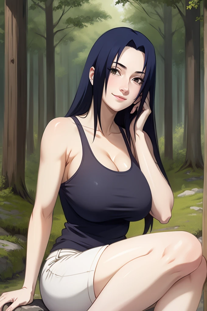 Mikoto Uchiha, oil painting, highly detailed, realistic, portrait, bright colors, soft lighting, (best quality, 4k,8k, height, masterpiece: 1.2), (big round breasts: 1.5), professional, long black hair, eyes black, beautiful detailed eyes and face, very detailed smile, long eyelashes, sitting on a rock, looking towards the viewer, very short top, big butt, bare shoulders, white shorts, outdoors, forest, cowboy shot, collarbone.