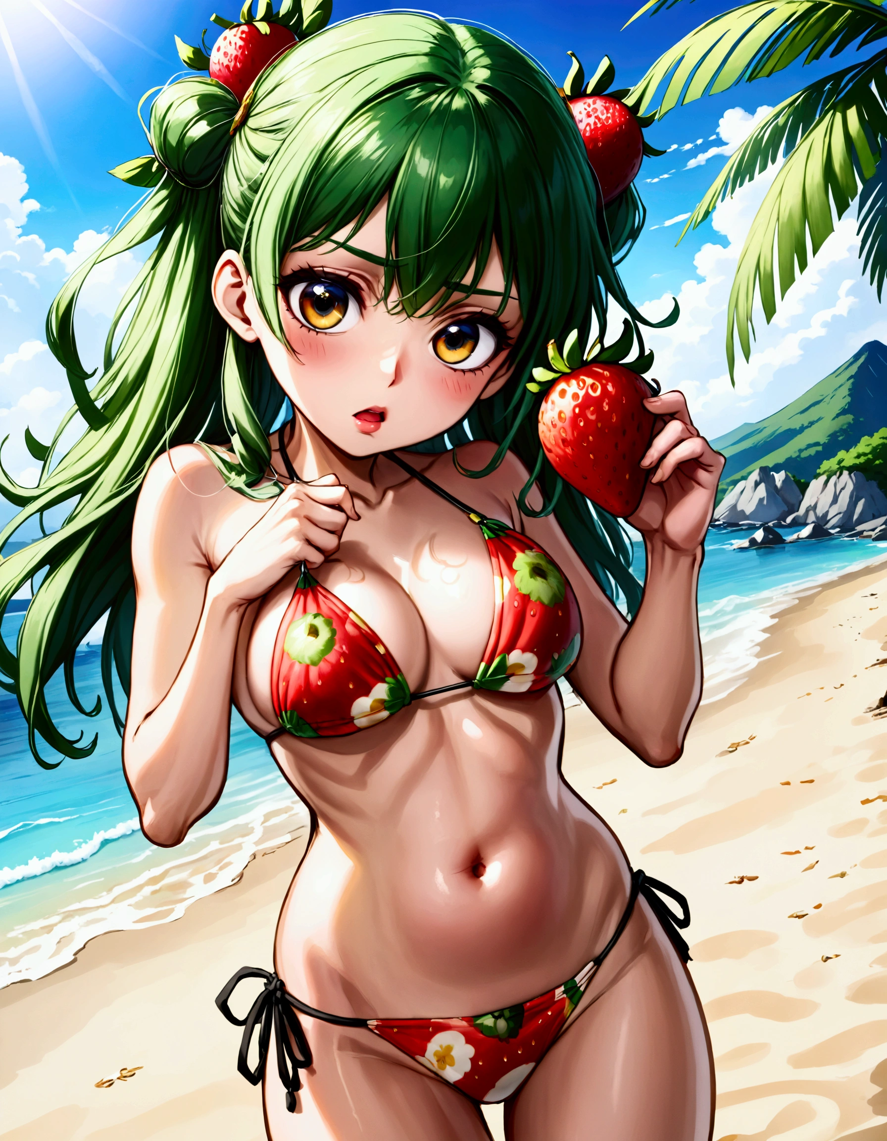 One Punch Man Tatsumaki (hyper realistic, , big eyes, sexy 2 piece bikini) looking disappointed at viewer, holding one strawberry. beach, japan
