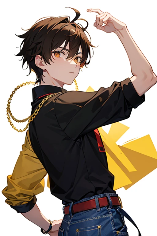Taiga Akatora from Camp Buddy, boy, 16 years old, spiky brown hair with yellow highlights and red eyes, black shirt with green stripe, gold cross necklace, blue jeans, light black belt, profile looking directly at viewer, white background. .
