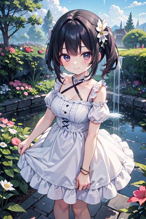 anime style, super fine illustration, highly detailed, dynamic angle, beautiful detailed, 8k, Summer afternoon in the garden, BREAK A dog smiles as it peeks out of a box. BREAK A shower of sprinklers pours down. BREAK A rainbow appears in the sky.