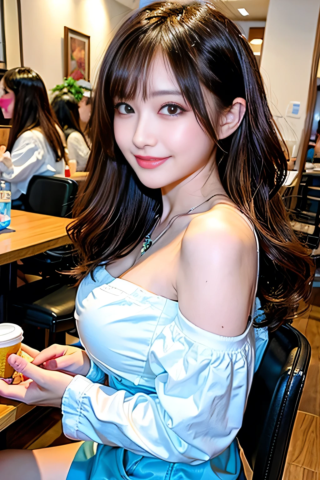 seed;2372725988,((Full Body Angle))、((Front hair:1.3))、((Highest quality, 8k, masterpiece: 1.3)), concentrated: 1.2, Cute girl 1,Nipples erect、 Perfect beauty: 1.4,Summer off-the-shoulder cropped T-shirt、Letter Print、Shorts: 1.2,Long sleeve、Randall Color、comics＆Text Graphics、Black ruffle-trimmed drawstring zip blouse,1.1, Highly detailed face and skin textures, Fine grain, double eyelid, whitening skin, ,Highest quality,Ultra-high resolution,you,1 girl,alone,_Shiny_skin,Iris,necklace,((brown_length_Wavy_hair)),(lips)),eyelash,Front hair,deal with,compensate,Shiny,pore,skin,Large Breasts、((smiling face))、stroll、Selfie、A beautiful 20-year-old Japanese woman in summer clothes, sitting in a family restaurant, enjoying a hamburger. The scene captures a bright, cheerful atmosphere typical of a family restaurant. The woman has long, straight black hair and is smiling warmly. The table is set with typical restaurant items like a drink, utensils, and a napkin holder.
