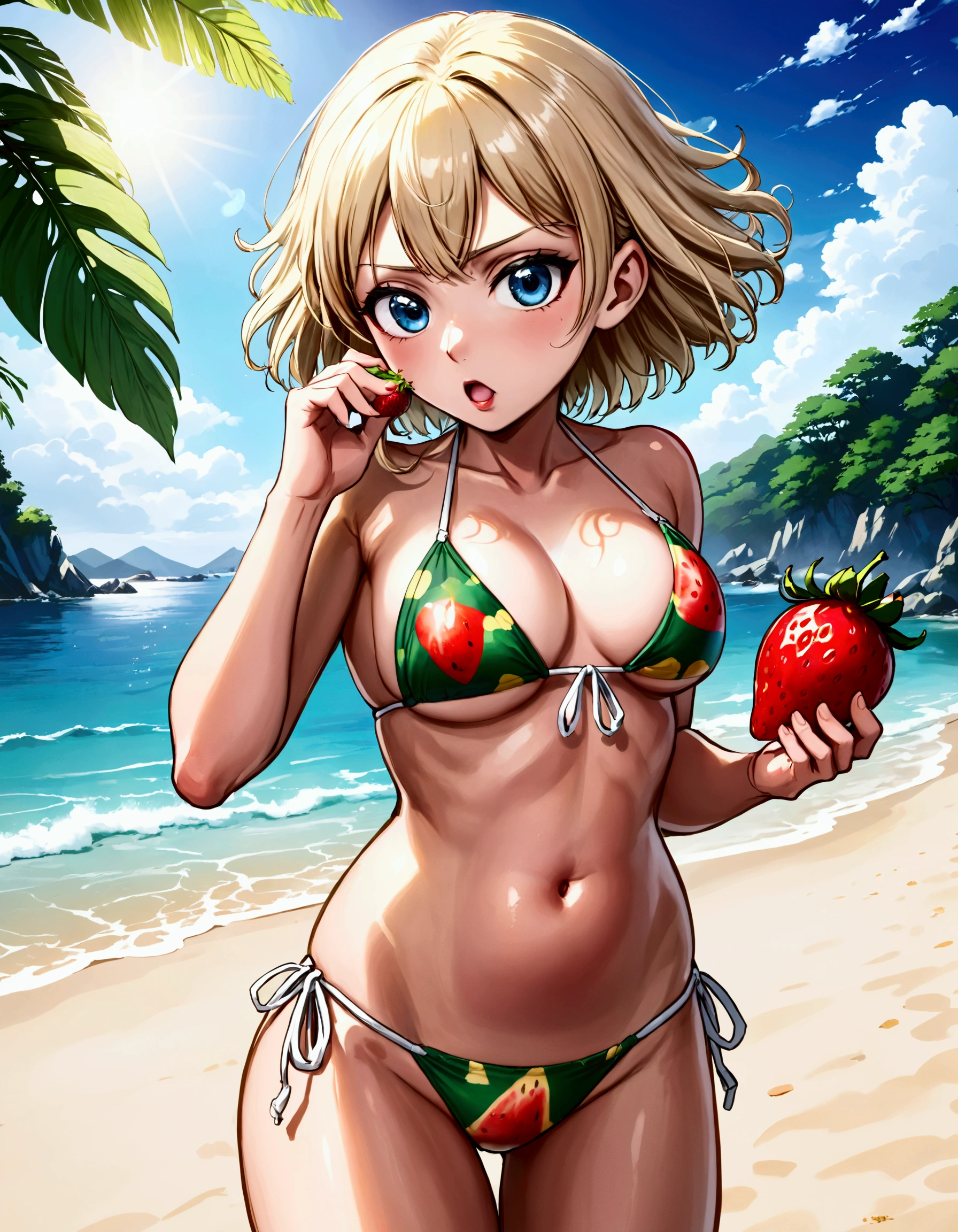 One Punch Man Tatsumaki (hyper realistic, , big eyes, sexy 2 piece bikini) looking disappointed at viewer, holding one strawberry. beach, japan
