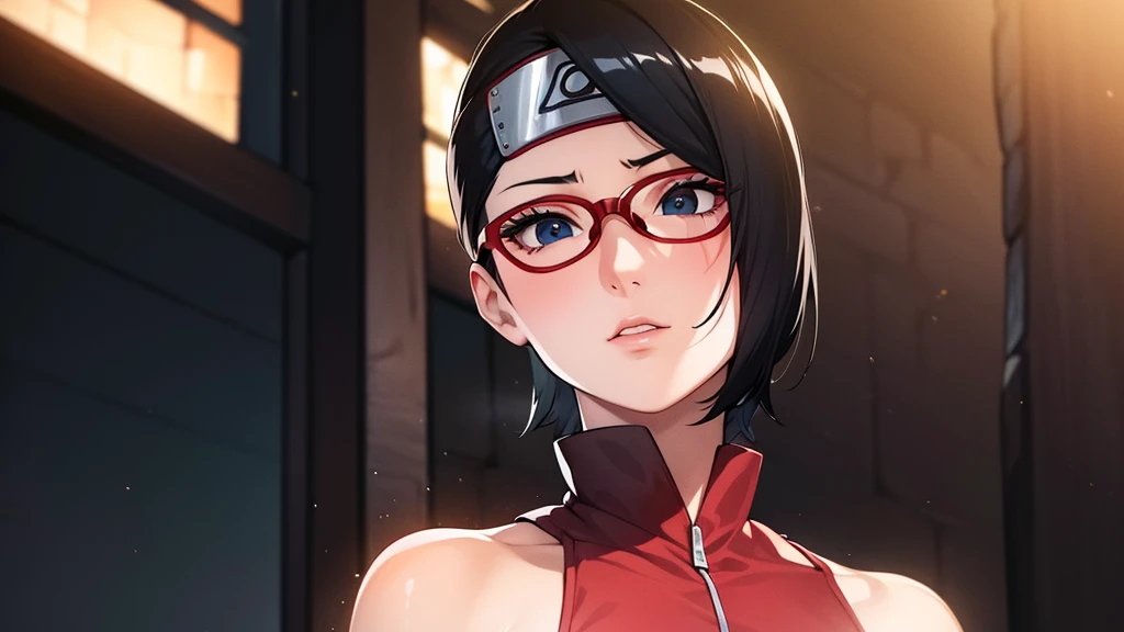 (high resolution,work of art:1.2),ultra detali,realisitic,proffesional,beautiful detailed eyes,beautiful detailed lips,dark hair,short black hair,red glasses,very big tits,stunning black eyes,clean skin, de 18 anos,trendy short hairstyle,vibrant red glasses,Academia Shinobi,fierce determination,confident stance,crimson outfit,intense gaze,Background full of ninjutsu techniques,shadows skillfully accentuating your features,subtle studio lighting,sublime realism,striking color tones
