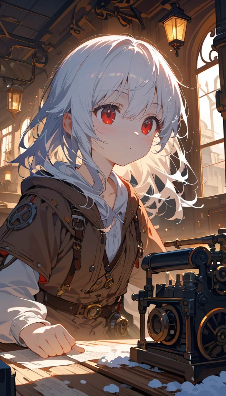 (Masterpiece Artwork Movie Lighting, Incredible and expressive details), (Expressive and detailed eyes), intricate hair details, A young girl, Short white hair, Fair, Snow-white skin, Male face, (Expressive red eyes), background, Extremely detailed 8k cg wallpaper, Steampunk room, low, Almost imperceptible lighting, Nice illustration.