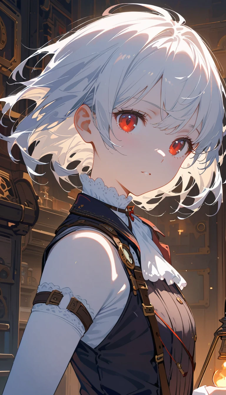 (Masterpiece Artwork Movie Lighting, Incredible and expressive details), (Expressive and detailed eyes), intricate hair details, A young girl, Short white hair, Fair, Snow-white skin, Male face, (Expressive red eyes), background, Extremely detailed 8k cg wallpaper, Steampunk room, low, Almost imperceptible lighting, Nice illustration.
