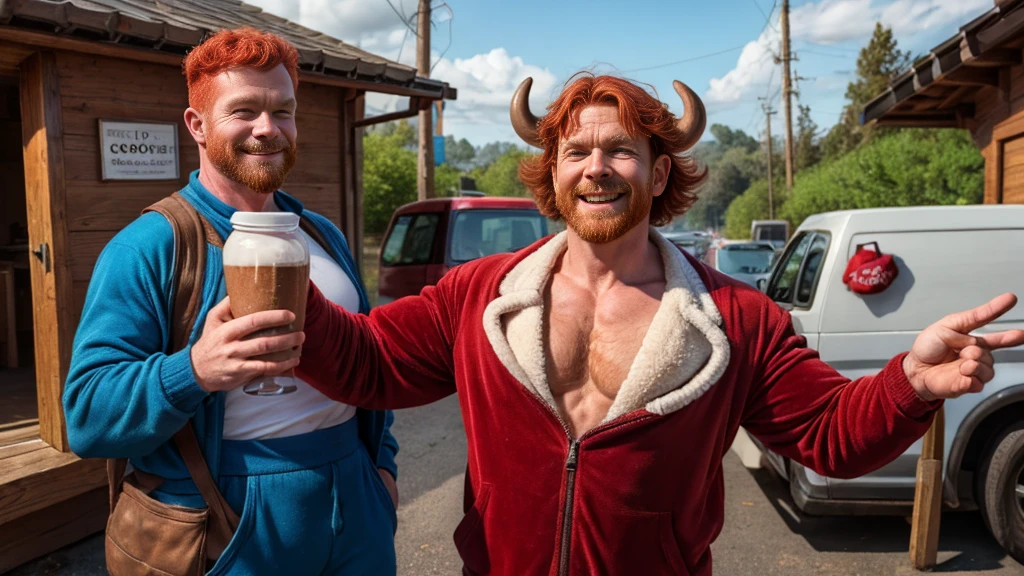 a 42-year-old red-haired man wearing a funny velvet cow costume, funny face, the man is a friendly guy, stunned chest,he has broad shoulders, the man is delivering milk, background with funny cow shapes