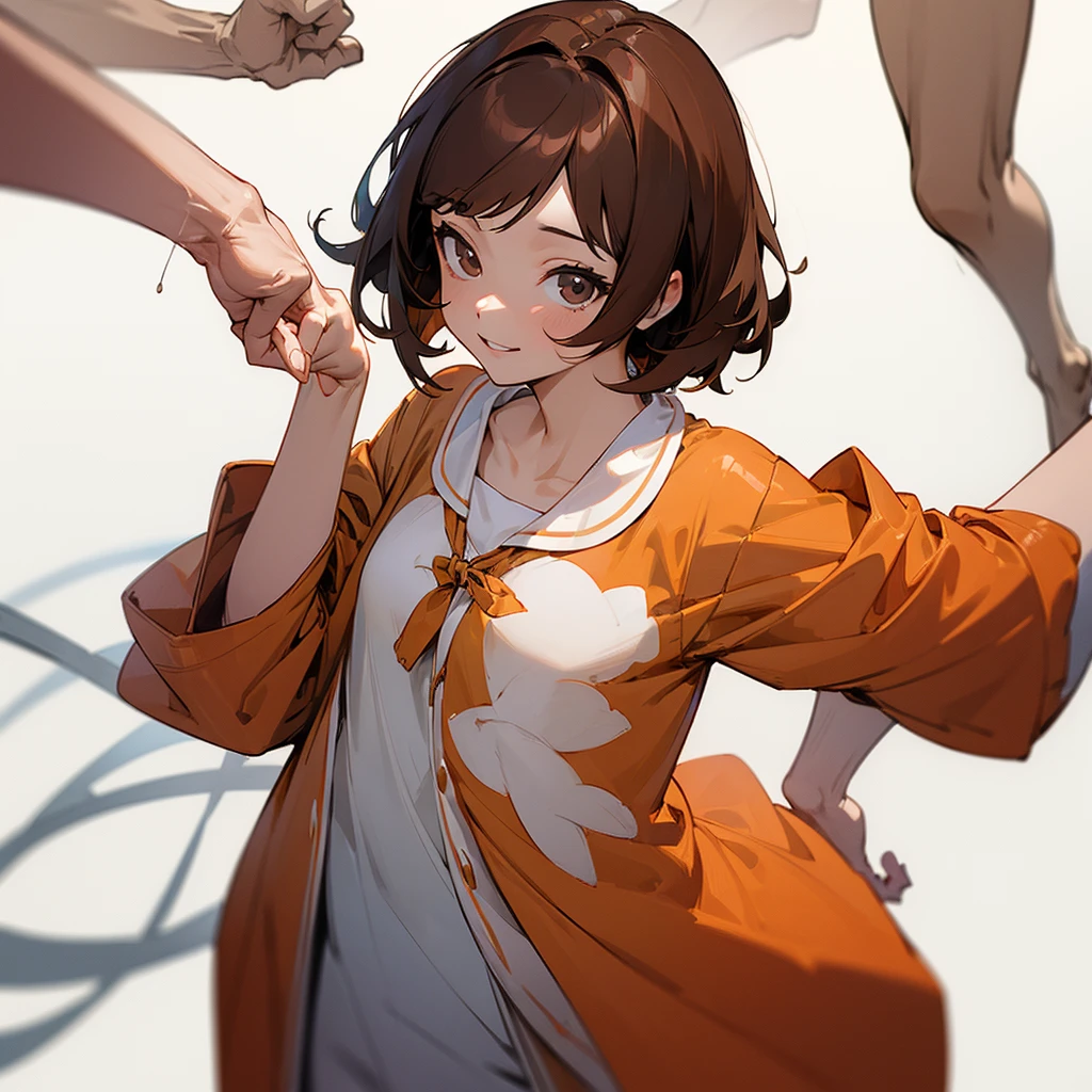 ((Biologically correct limb count))、4K、masterpiece、((Focus on the face))、One Girl,chest, smile, Brown Hair, short hair, pajamas,bright,Are standing,White Background