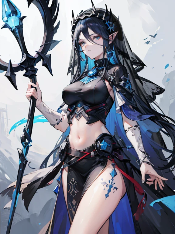 ((best quality)), ((masterpiece)), (detailed), 1girl, midriff, long black hair, blue highlights, ((face veil)), ((lantern staff)), (ancient rune tattoos on body), pointy ears