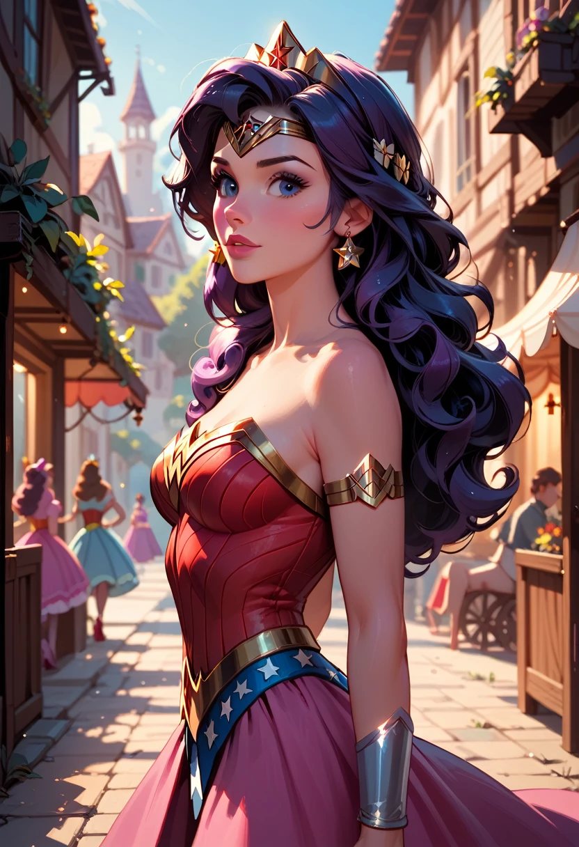 1 girl, Alone, (Disney Princess Belle:1.3), exhausting (wonder woman costume:1.2), (three quarter shot:1.1), in town, cinematic lighting.