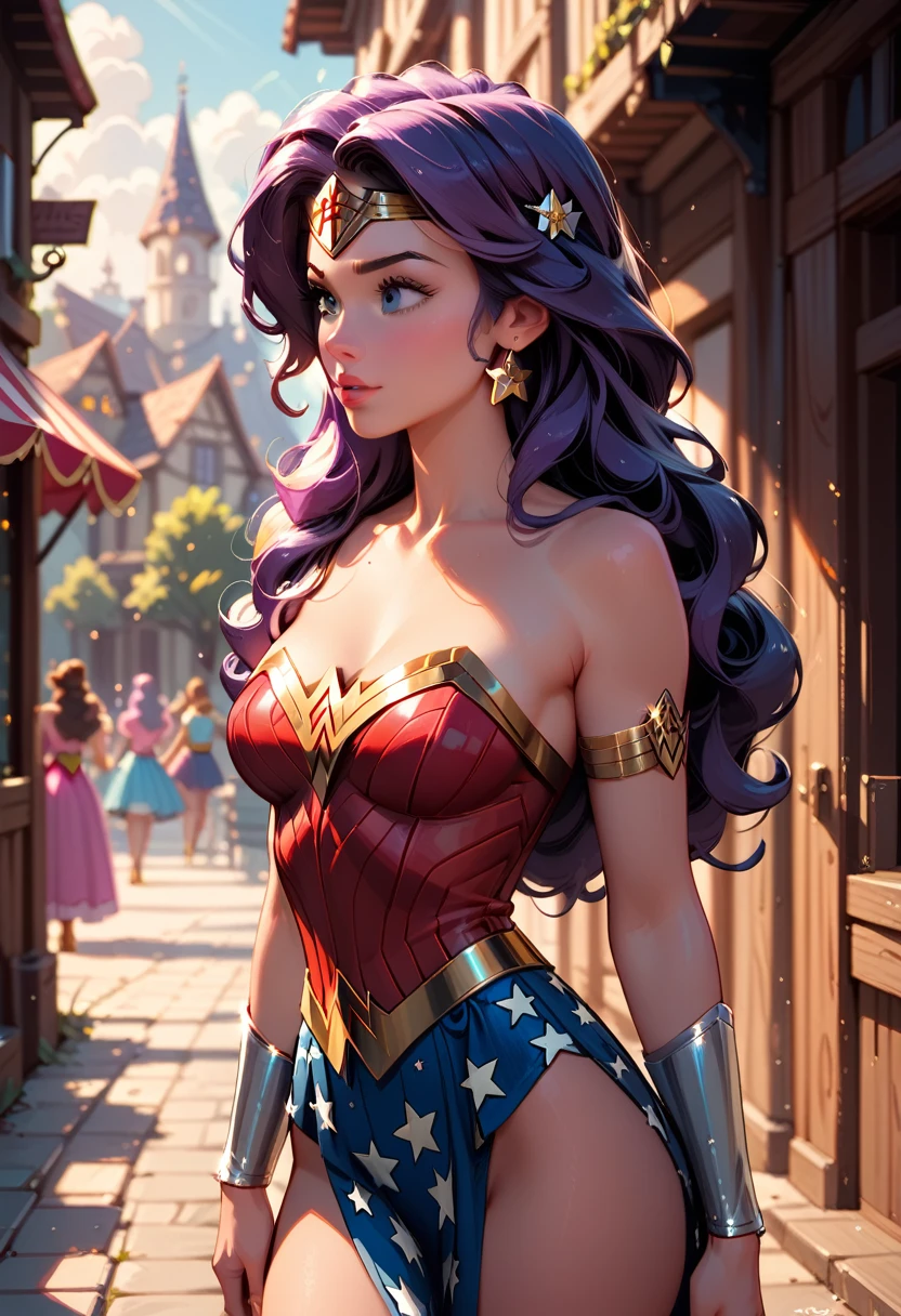 1 girl, Alone, (Disney Princess Belle:1.3), exhausting (wonder woman costume:1.2), (three quarter shot:1.1), in town, cinematic lighting.