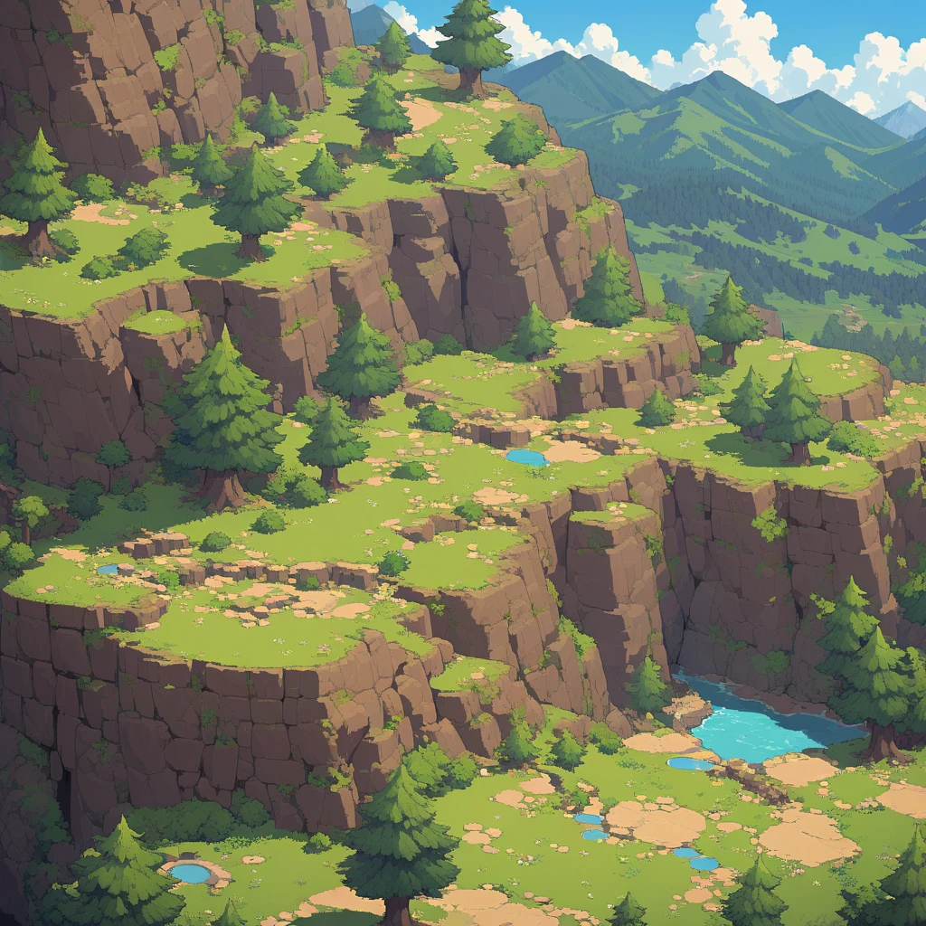 Retro video game style, pixelated, vibrant colors, 8-bit characters, blocky shapes, sharp lines, detailed shading, classic gaming vibe, nostalgic atmosphere, classic arcade games. Masterpiece:1.2, ultra-detailed, illustration style. 2D texture, stone texture, 4K seamless mud texture, video game texture, dirt texture. Game tiles, grass, 3/4th perspective trees, 3/4th perspective tileable rock texture, 3/4th perspective tileable cliff formations, tileable trees, top-down view, tileable texture. Very detailed cliff texture, intricate stones.
Mountain Terrain: Diverse mountain shapes and elevations, including peaks, ridges, and valleys.
Texture Detail: High resolution with intricate details like rocky surfaces, crags, and natural erosion patterns.
Seamless Pattern: Ensure that the edges of the tile seamlessly align with adjacent tiles to create a continuous and coherent mountain range when repeated