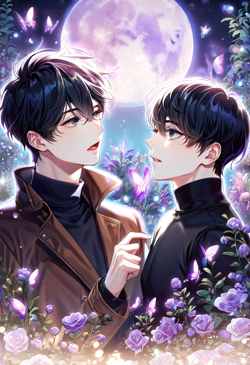 (absurdres, highres, ultra detailed, HDR) master piece, best quality, extremely detailed, delicated features, Han Yoohyun, black hair, messy hair, expressive gray eyes, The S-Classes That I Raised, Han Yoojin, two sexy mrn together, gay couple, yaoi, handsome, brown coat, black tight turtleneck shirt, black coat, fantasy, magical, glittering, shining, purple flames, purple moon, purple flowers, purple butterflies, garden