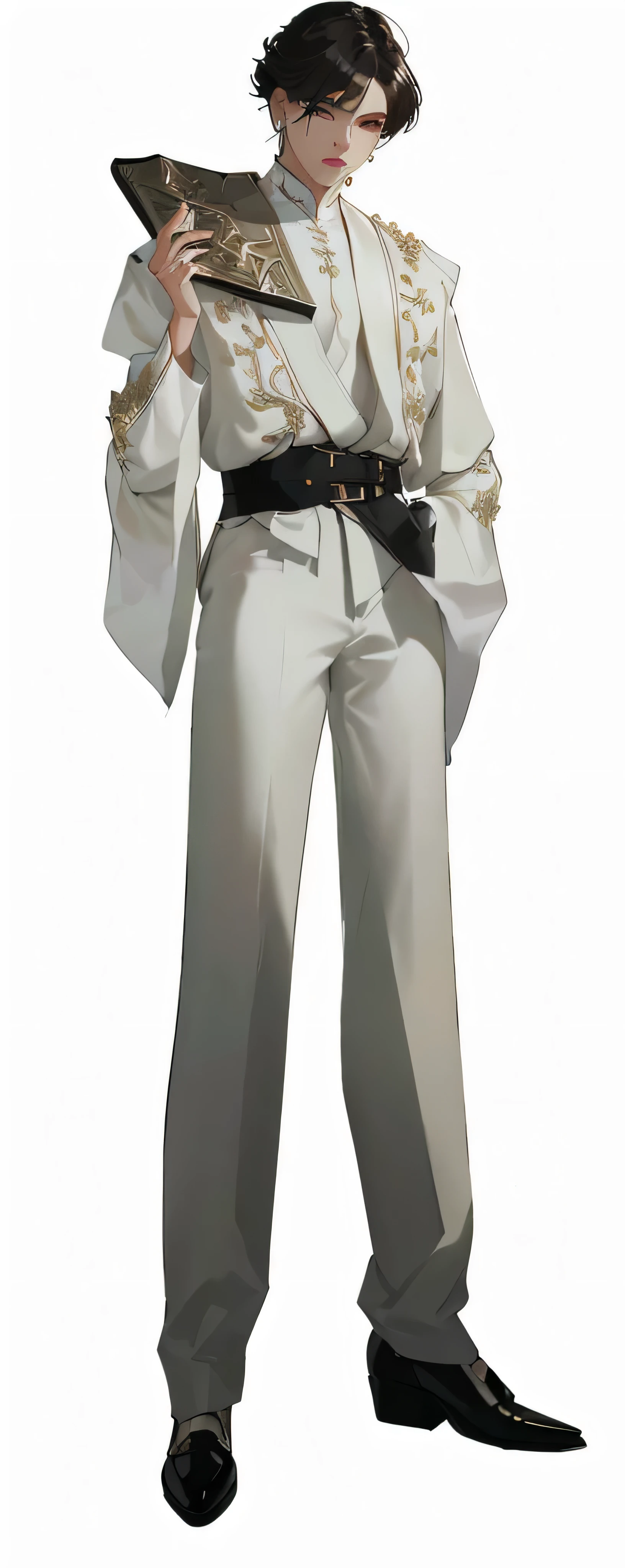 a close up of a person in a white shirt and pants, zoomed out full body, white russian clothes, outfit design, clear outfit design, full body with costume, 2b, 2 b, full body concept, full body details, female outfit, inspired by Antonio Cavallucci, large pants, inspired by Edo Murtić, white silky outfit,,Rich in details，Masterpiece，Clean shaping，beautiful clothes，Silk material，Baggy pants，man，Hermaphroditic