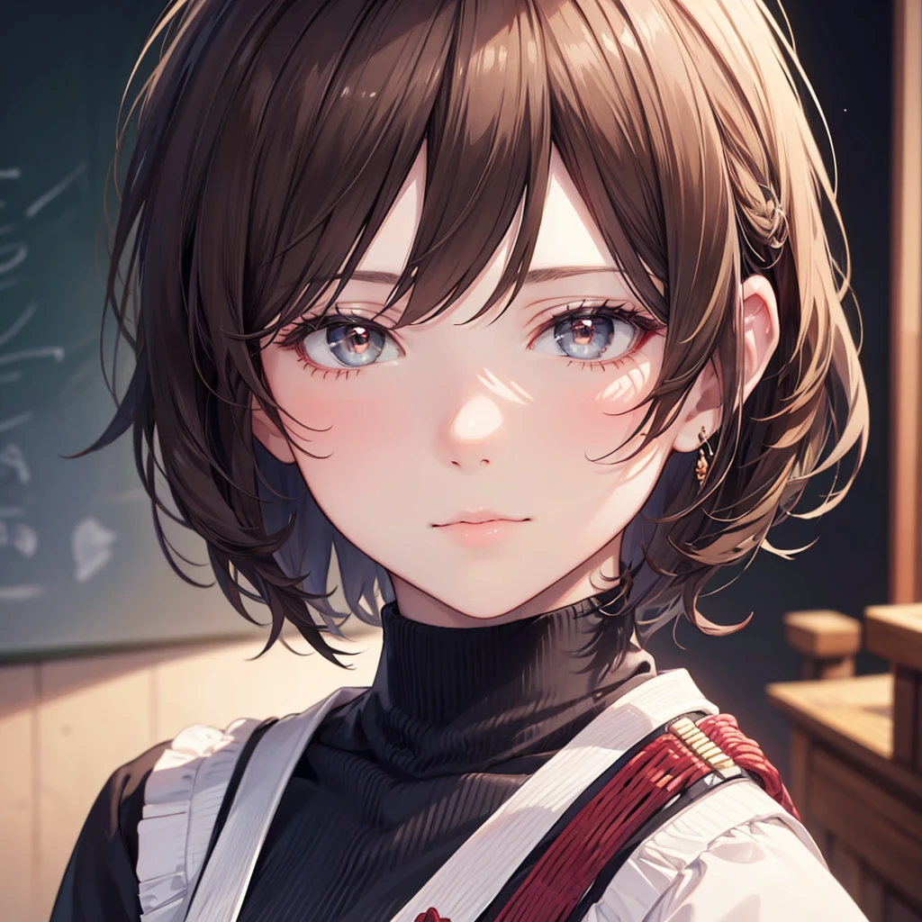 CG, Unity, 8k, wallpaper, Highest quality, masterpiece, Lovely lady, 18-year-old, Brown hair short cut, White skin, White long haori, (Realistic:1.2), Best lighting, Complex pupil, Intricate weaving,professor,scholar
