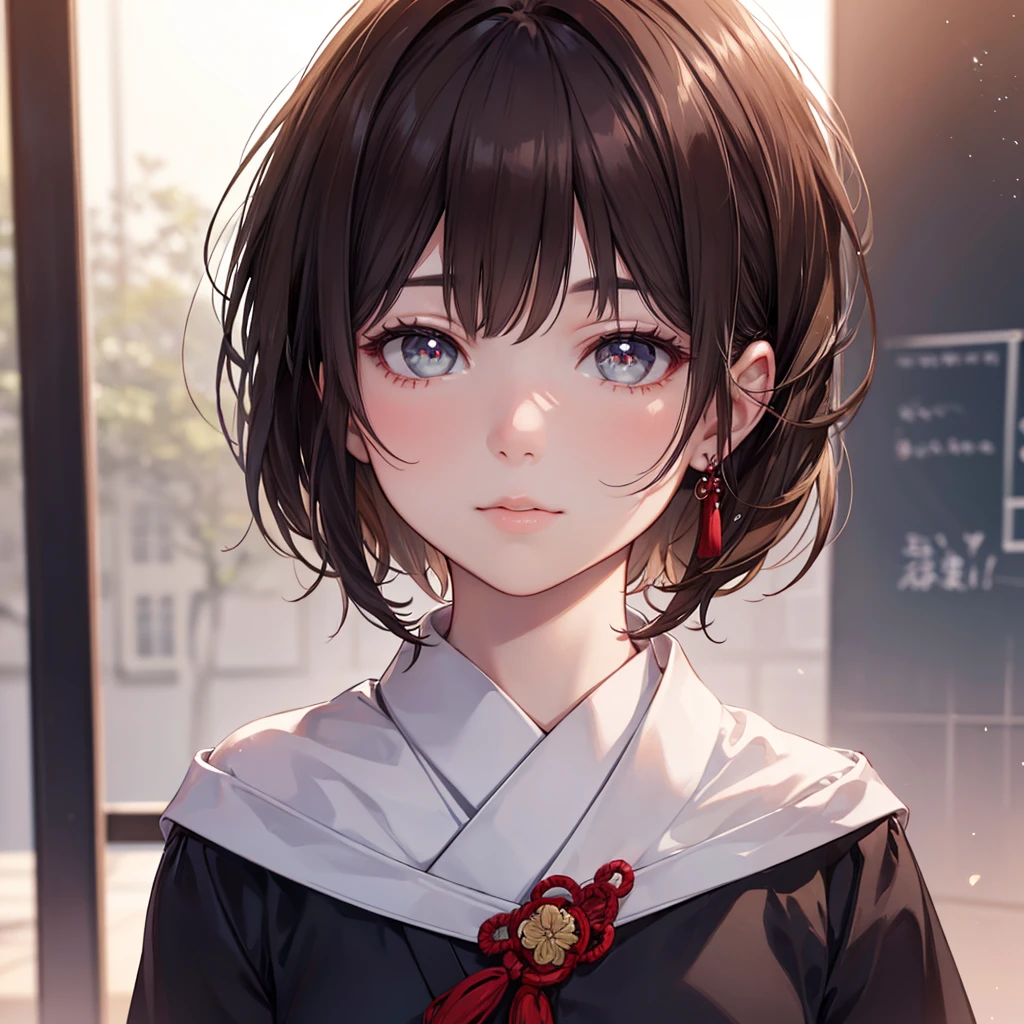 CG, Unity, 8k, wallpaper, Highest quality, masterpiece, Lovely lady, 18-year-old, Brown hair short cut, White skin, White long haori, (Realistic:1.2), Best lighting, Complex pupil, Intricate weaving,professor,scholar