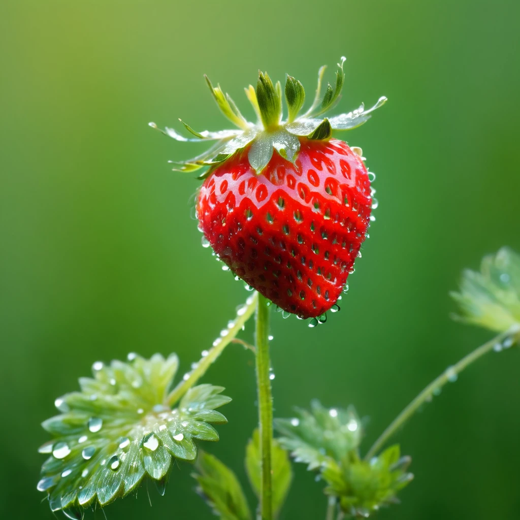 (A single strawberry), Sizzle feeling, fresh, Juicy, Green stem, Morning Dew