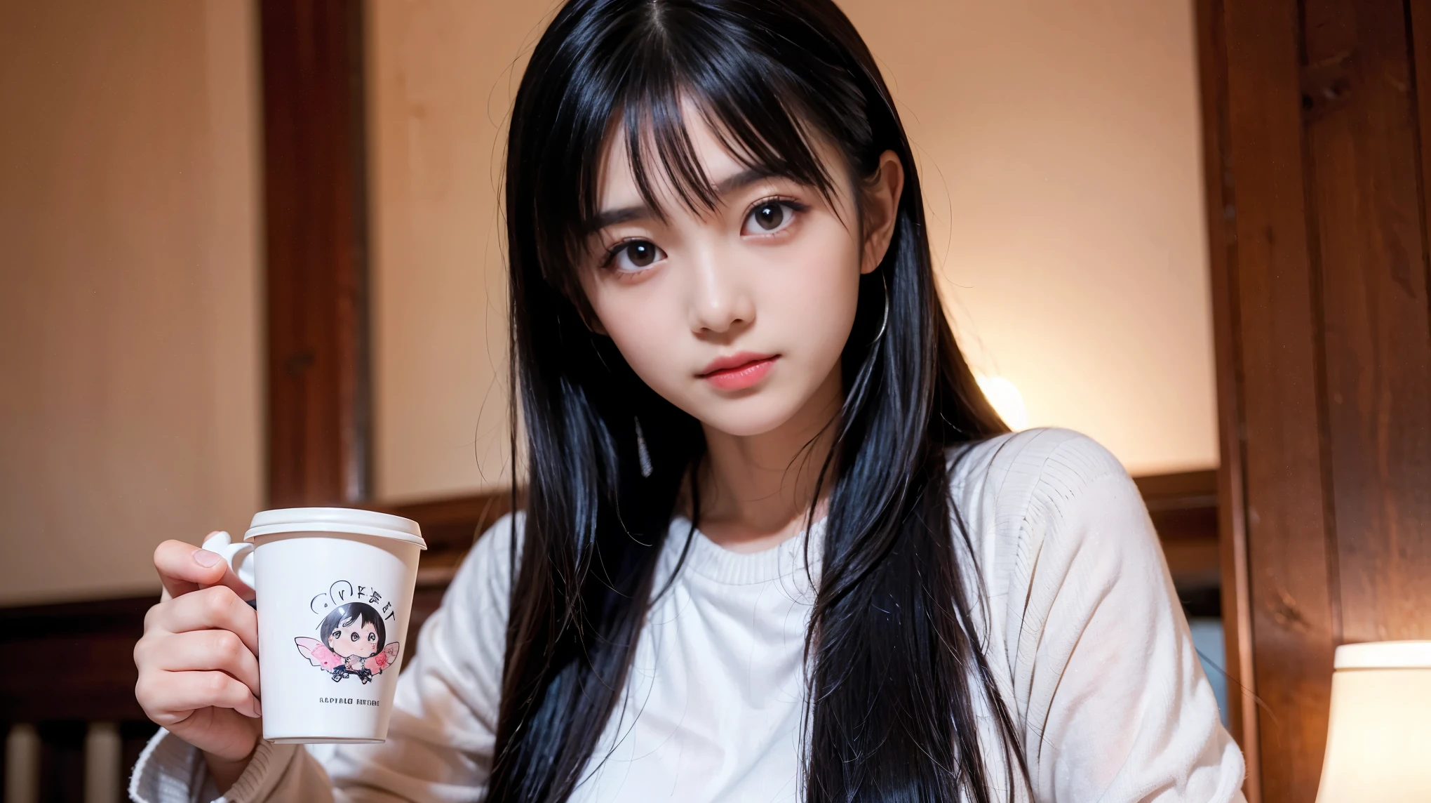 A young girl is holding a coffee cup in her hand, Girl cute beautiful face, Cute natural anime face, With a cute - lovely - face, sakimi chan, Chiho, Yoshitomo Nara, Young and pretty face, Beautiful Japanese girl face, 茶色の髪とBig eyes, pretty girl, Beautiful light、Big eyes