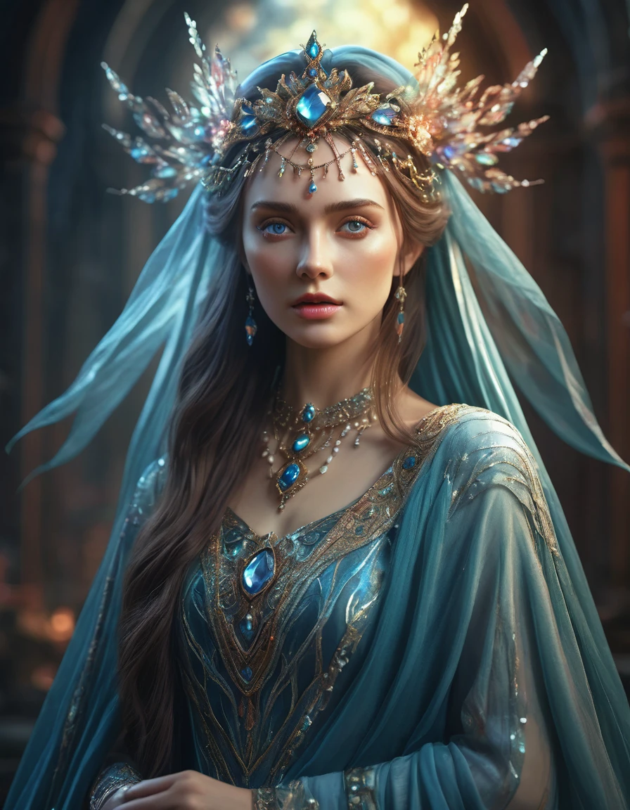 mystical female protagonist, intricate fantasy dress, glowing ethereal aura, detailed ornate headpiece, sweeping dramatic cape, enchanting eyes, porcelain skin, flowing hair, serene expression, dark moody lighting, cinematic dramatic atmosphere, vibrant jewel-toned colors, creative whimsical concept art, (best quality,4k,8k,highres,masterpiece:1.2),ultra-detailed,(realistic,photorealistic,photo-realistic:1.37)