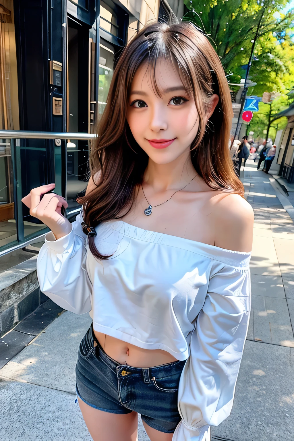 seed;2372725988,((Full Body Angle))、((Front hair:1.3))、((Highest quality, 8k, masterpiece: 1.3)), concentrated: 1.2, Cute girl 1,Nipples erect、 Perfect beauty: 1.4,Summer off-the-shoulder cropped T-shirt、Letter Print、Shorts: 1.2,Long sleeve、Randall Color、comics&Text Graphics、Black ruffle-trimmed drawstring zip blouse,1.1, Highly detailed face and skin textures, Fine grain, double eyelid, whitening skin, ,Highest quality,Ultra-high resolution,you,1 girl,alone,_Shiny_skin,Iris,necklace,((brown_length_Wavy_hair)),(lips)),eyelash,Front hair,deal with,compensate,Shiny,pore,skin,Large Breasts、((smiling face))、stroll、Selfie、
