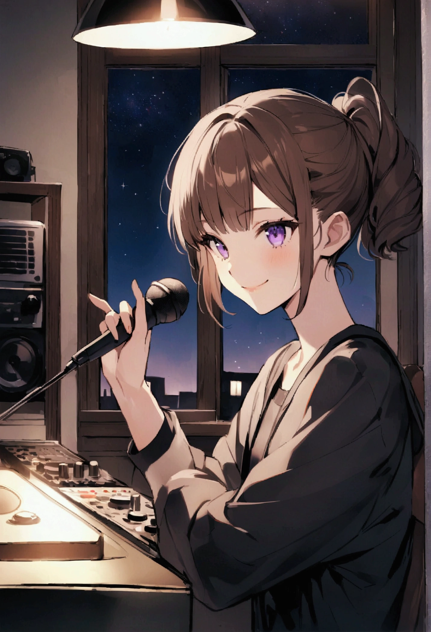(Highest quality)(masterpiece)(8K)、Alone in a private room、DJ Streamer、Brown Hair、20-year-old、Radio Distribution、Speaking into a microphone、Short wolf hairstyle、Upper Body、Jewel-like purple、smile、Slender、You can see the starry sky from the window