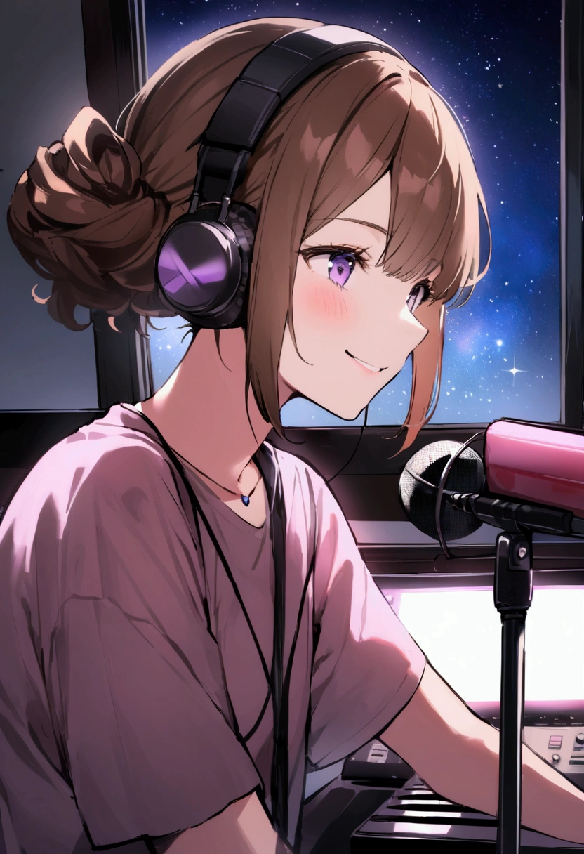 (Highest quality)(masterpiece)(8K)、Alone in a private room、DJ Streamer、Brown Hair、20-year-old、Radio Distribution、Speaking into a microphone、Short wolf hairstyle、Upper Body、Jewel-like purple、smile、Slender、You can see the starry sky from the window