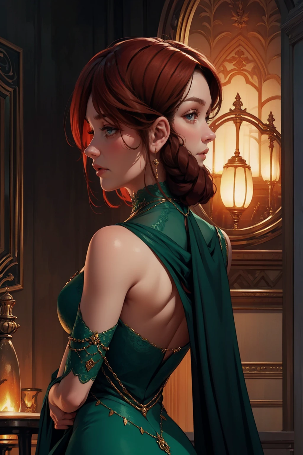 {-erro_de_anatomia:1.0} woman 40 years old, victorian era, queen clothes, (green dress), dark castle, a woman (alicent hightower), meddium dark red hair (dark red hair), (brown eyes) . Indifferent look , merciless. among the dragons, dinamic poses, egoist smile, upper body, backwards, looking back