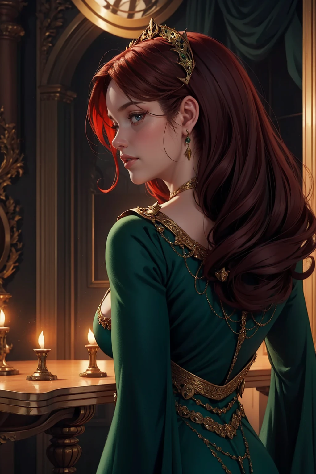 {-erro_de_anatomia:1.0} woman 40 years old, victorian era, queen clothes, (green dress), dark castle, a woman (alicent hightower), meddium dark red hair (dark red hair), (brown eyes) . Indifferent look , merciless. among the dragons, dinamic poses, egoist smile, upper body, backwards, looking back