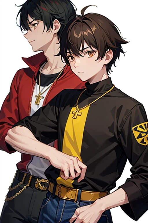 Taiga Akatora from Camp Buddy, boy, , spiky brown hair with yellow highlights and red eyes, black shirt with green stripe, gold cross necklace, blue jeans, light black belt, profile looking directly at viewer, white background. .