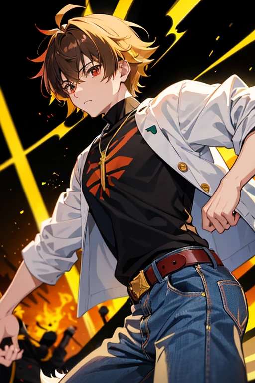 Taiga Akatora from Camp Buddy, boy, , spiky brown hair with yellow highlights and red eyes, black shirt with green stripe, gold cross necklace, blue jeans, light black belt, profile looking directly at viewer, white background. .