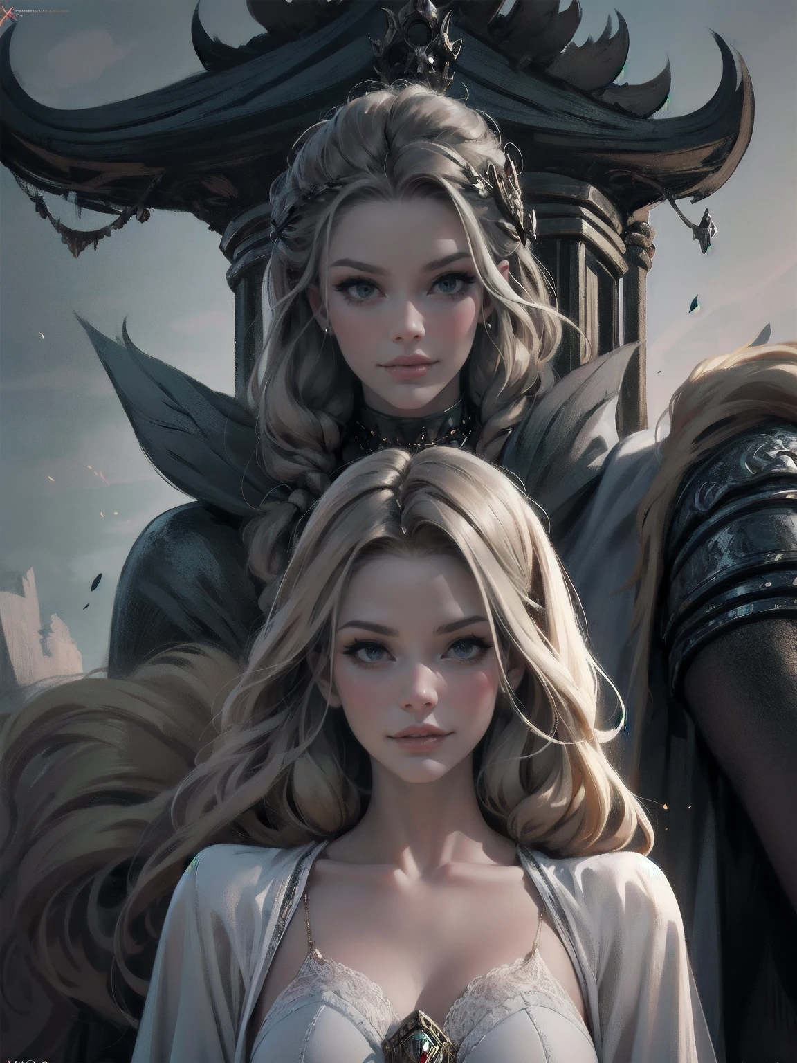 {-erro_de_anatomia:1.0} woman 30 years old, north,viking clothes, (nordic dress), dark castle, a woman (lagherta), very long brown hair (blonde highlights), (gray eyes) . Indifferent look , merciless. among the gods, dinamic poses, egoist smile, upper body,