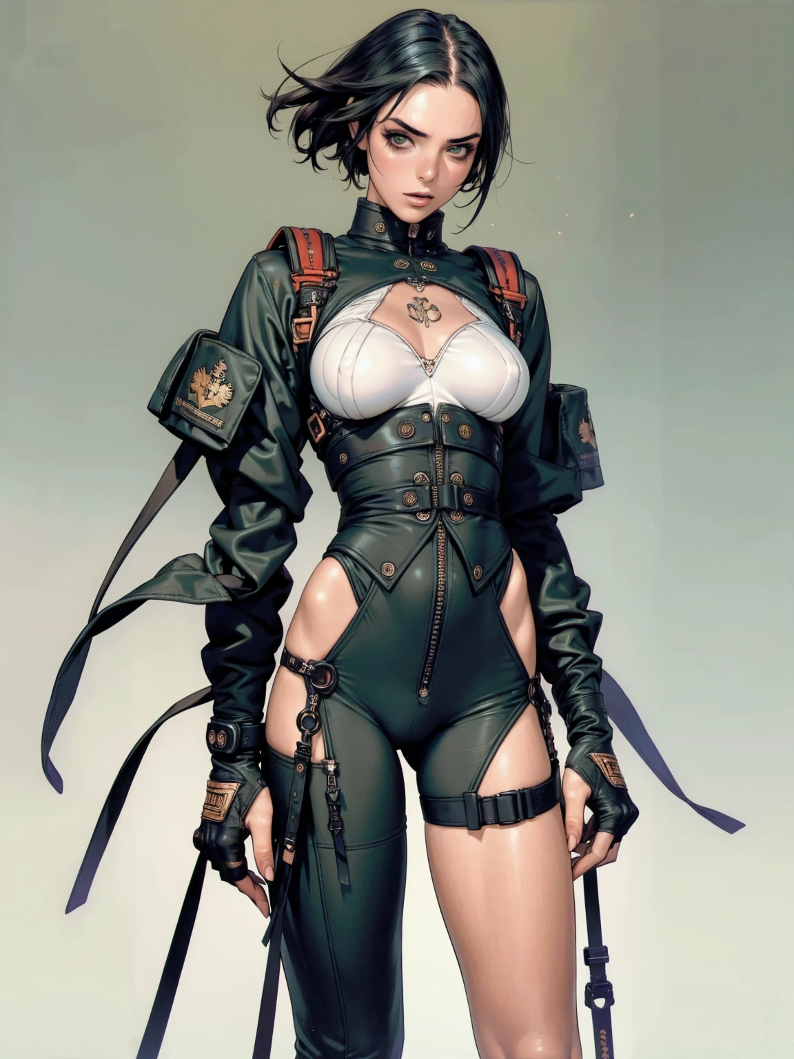(((Annie Lennox))), ((( military suit ))), (((Bandaged body))), ((high collar)), (((dark bluish green))), (((best qualityer: 1.4))), (Unbeatable masterpiece), (hiper HD),(CG 8k hyper-realistic), (((brave face))), (((breasts big))), (((hyper feminine))), sexly girl, Tron,(black bob hair)), ((( sculptural body ))), (((1 Kizi))), Kizi cibernética de 25 anos com perfectbody,,Beautiful and well-groomed face,muscular body:1.2,solid color detailed jacket, (Head to thigh photos), Complex equipment, green dark,Long pants,Tight clothes are dark,With white stars and off-white stripes,,,,,Armor Metal Electronic Parts, Poison tattoos ) INFO, Kizi, (((standing alone))), pirralha violent, ((())), sexly, pose de atitude, work of art, post-apocalypse, (((manga style))), bounty hunter, violent, Manic, the way you want, slenderbody, thin but strong, perfectbody, roupa moderna, advanced technology, neon, sleeves with vertical striped pattern, neutral background, (( cowboy shot )). intricate visual