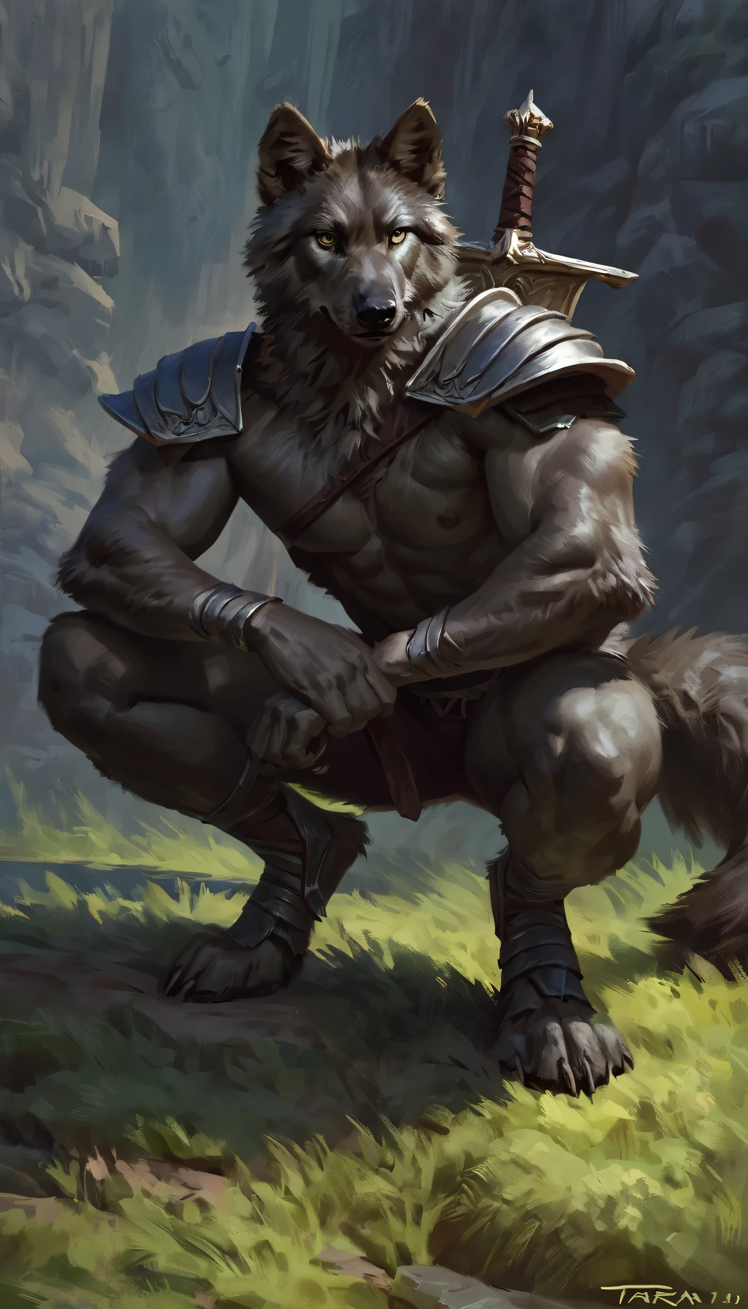 Anthro male black wolf knight holding a two-handed greatsword, alone, arrogant expression, masterpiece, Best Art, whole body, by violinist taran, detailed eyes, detailed body, claws, high, top-less, Pecs, ABS, Nipples, shoulder pads, squatting posture