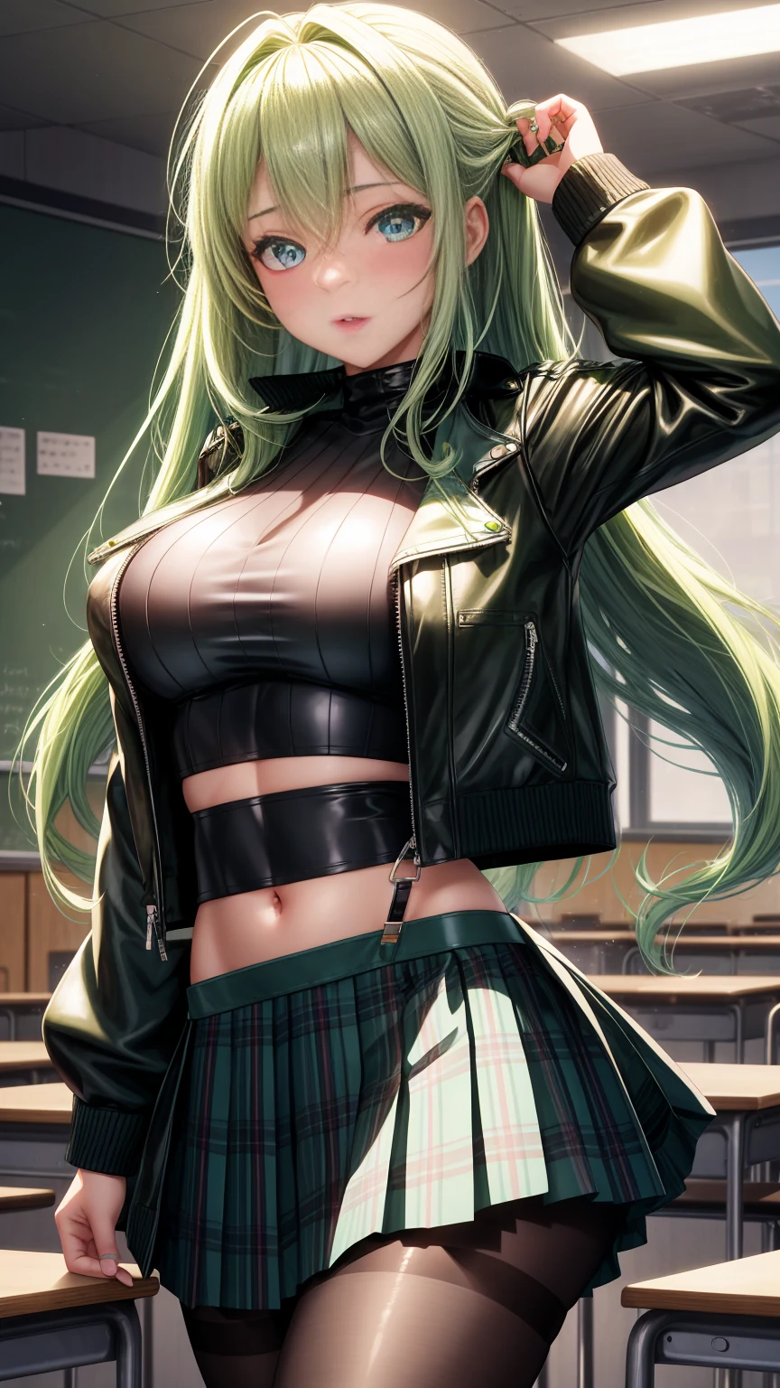 ultra-realistic, 1girl, long green hair, blue eyes, gyaru, glowing eyes, leather jacket, sweater crop top, classroom, pleated plaid skirt, parted lips, blush, pantyhose