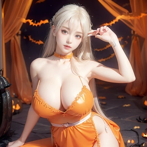 ((Highest quality))、((Very detailed))、(Huge :1.6)、(Tight waist:1.4)、20-year-old、(Detailed eyes:1.3)、Beautiful body lines、(Random gravure idol poses)、Platinum Blonde Hair、Fuller lips、(Halloween Cosplay:1.4)、Wide Hips、Orange Dress