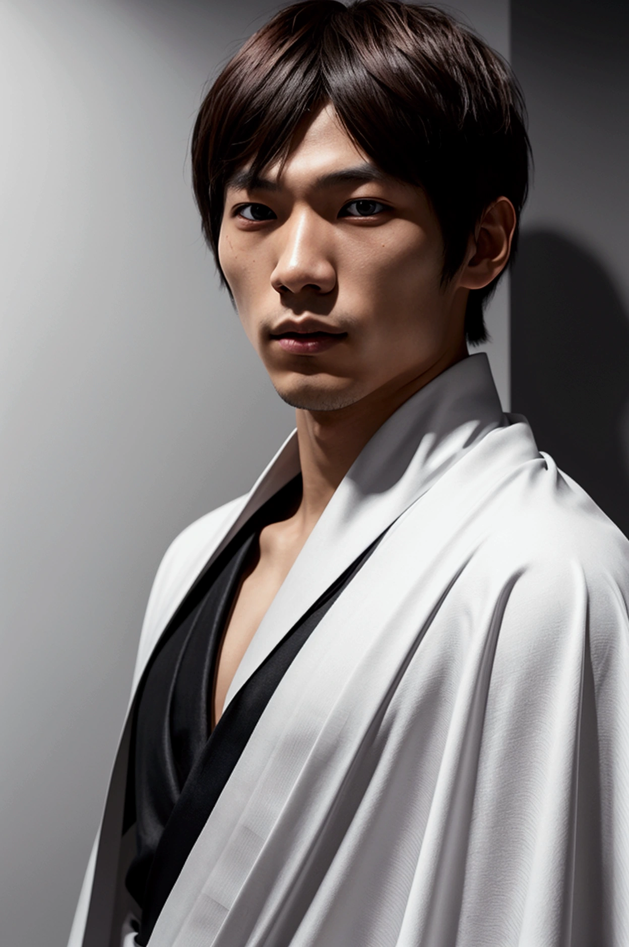 a young Japanese man of eighteen years of age with a razualvemte full physique, have fair skin, His eyes are blue and his hair is copper with a fringe covering part of his eye on the left side., one eye covered by bangs, the young man is six feet tall and two centimeters tall, and wears a white kimono with a black cape and has a strong look. captured in an ultra-realistic full HD 4K portrait, detailed texture showing its menacing shape, Immersive atmosphere, high definition shadow play, digitalpainting, nevoa no environment.