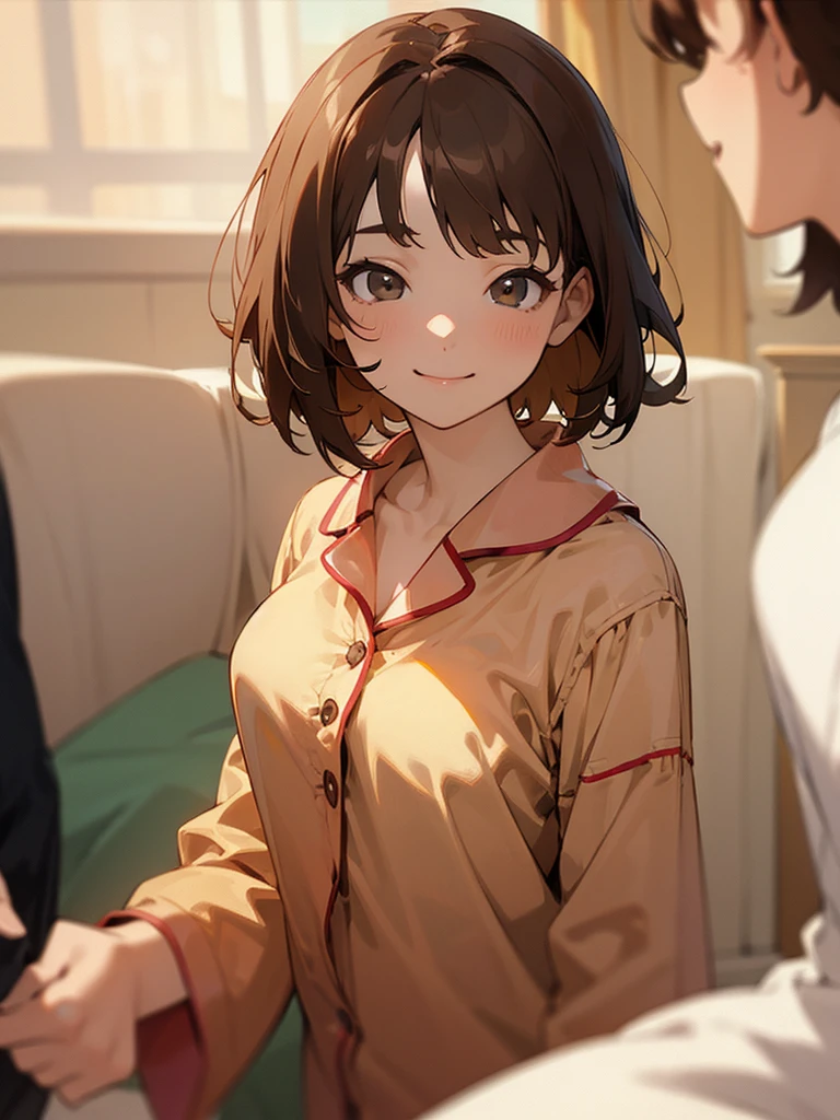 4K、masterpiece、((Focus on the face))、One Girl,chest, smile, Brown Hair, short hair, pajamas,Bright room