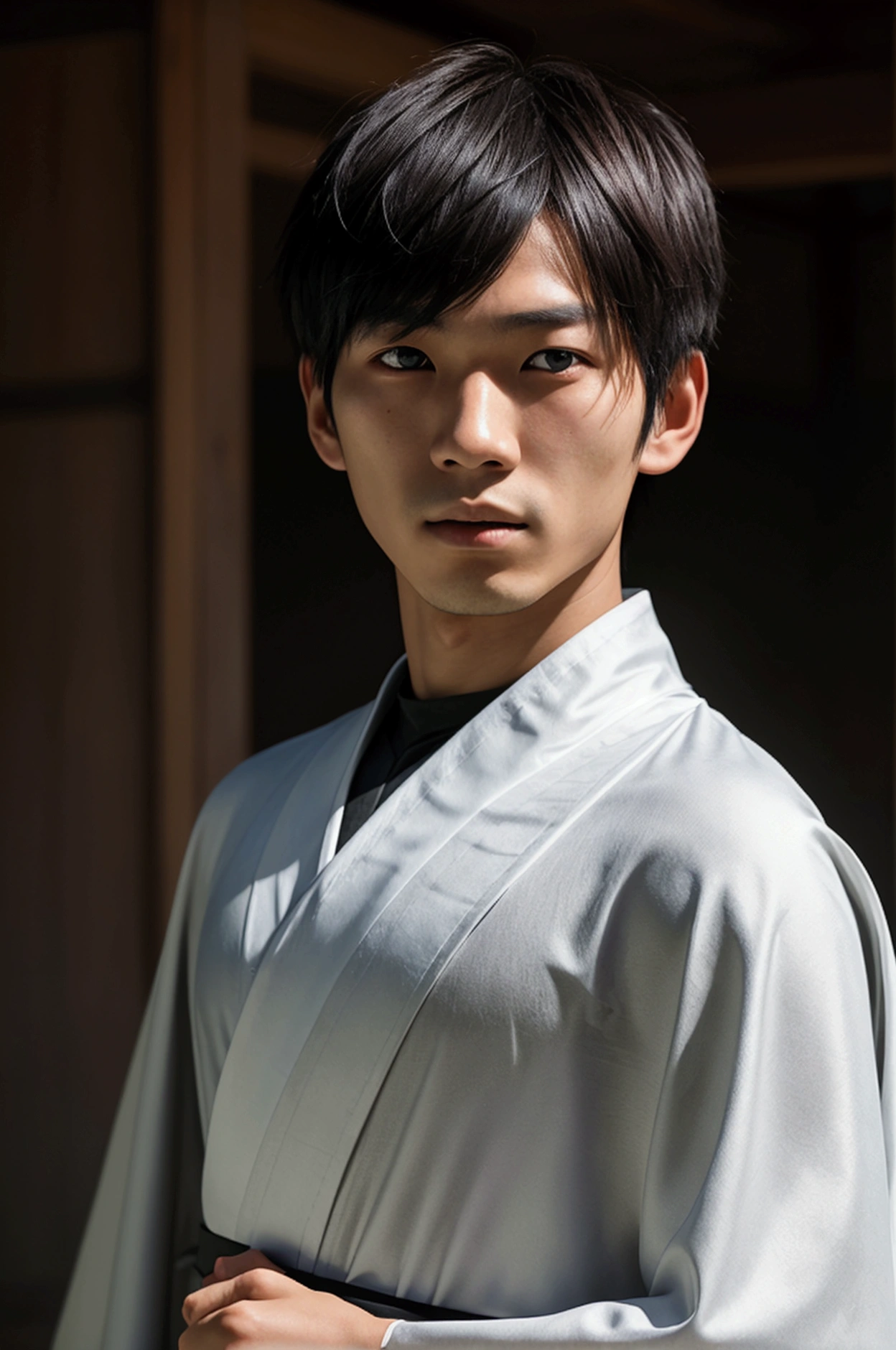 a young Japanese man of eighteen years of age with a razualvemte full physique, have fair skin, His eyes are blue and his hair is copper with a fringe covering part of his eye on the left side., one eye covered by bangs, the young man is six feet tall and two centimeters tall, and wears a white kimono with a black cape and has a strong look. captured in an ultra-realistic full HD 4K portrait, detailed texture showing its menacing shape, Immersive atmosphere, high definition shadow play, digitalpainting, nevoa no environment.