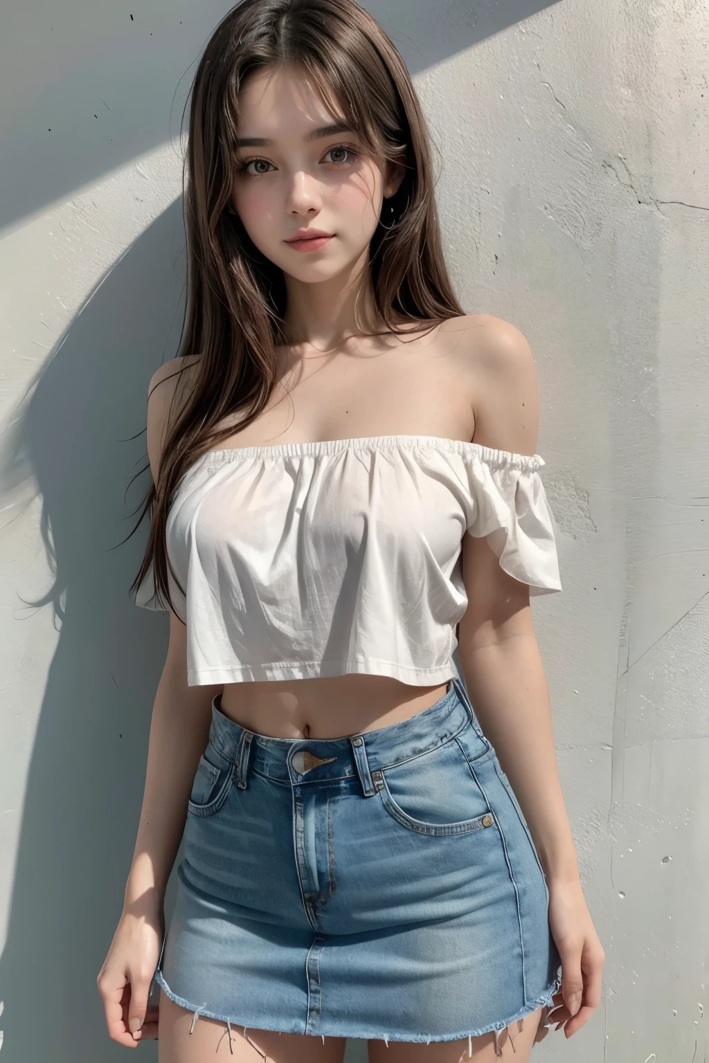 Beautiful 18-year-old brunette girl wearing a short one-shoulder blouse and a short high-waisted denim skirt showing her navel