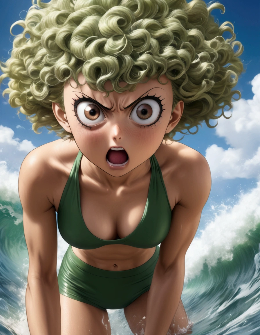 One Punch Man Tatsumaki (hyper realistic, age 17, big eyes, sexy 2 piece bikini) yelling at Saitama (second subject: Saitama, pasty complexion, no shirt, swim trunks, looking confused)