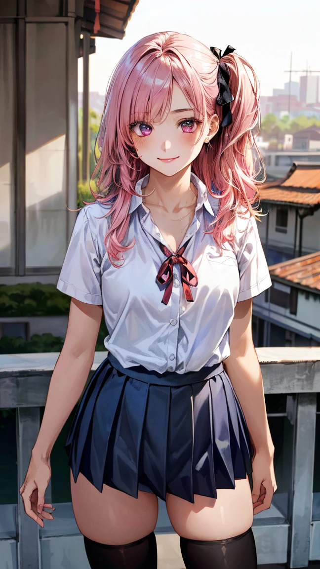 (masterpiece:1.3, top-quality, ultra high res, ultra detailed), (realistic, photorealistic:1.4), beautiful illustration, perfect lighting, natural lighting, colorful, depth of fields, surrealism,
beautiful detailed hair, beautiful detailed face, beautiful detailed eyes, beautiful clavicle, beautiful body, beautiful chest, beautiful thigh, beautiful legs, beautiful fingers, shiny skin,
looking at viewer, 1 girl, japanese, high school girl, (perfect anatomy, anatomically correct, super detailed skin), cute and symmetrical face, babyface, perfect face, perfect eyes,
(middle hair, two side up, pink hair), crossed bangs, purple eyes, drooping eyes, big eyes, long eyelashes, (medium breasts, seductive thighs, skindentation), slender, outstanding style,
((detailed cloth texture, white collared shirt, blue pleated skirt, dark red neck ribbon), black thigh-highs, loafer),
(beautiful scenery), late afternoon, (school rooftop), (standing), (lovely smile, upper eyes),