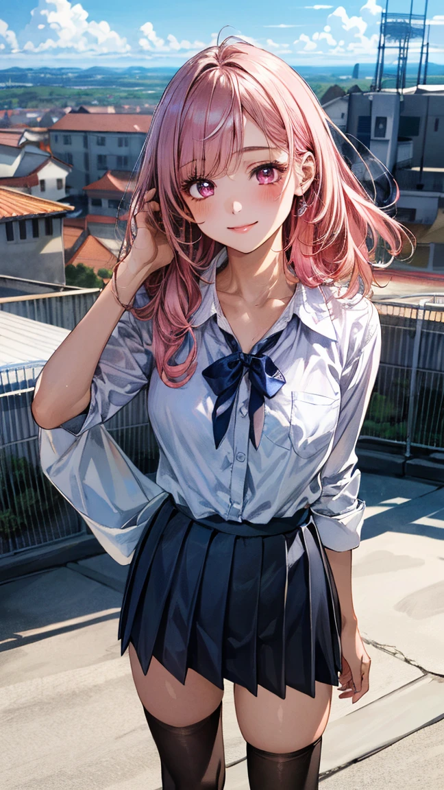 (masterpiece:1.3, top-quality, ultra high res, ultra detailed), (realistic, photorealistic:1.4), beautiful illustration, perfect lighting, natural lighting, colorful, depth of fields, surrealism,  
beautiful detailed hair, beautiful detailed face, beautiful detailed eyes, beautiful clavicle, beautiful body, beautiful chest, beautiful thigh, beautiful legs, beautiful fingers, shiny skin, 
looking at viewer, 1 girl, japanese, high school girl, (perfect ???????, anatomically correct, super detailed skin), cute and symmetrical face, babyface, perfect face, perfect eyes, 
(middle hair, two side up, pink hair), crossed bangs, purple eyes, drooping eyes, big eyes, long eyelashes, (medium breasts, seductive thighs, skindentation), slender, outstanding style, 
((detailed cloth texture, white collared shirt, blue pleated skirt, dark red neck ribbon), black thigh-highs, loafer), 
(beautiful scenery), late afternoon, (school rooftop), (standing), (lovely smile, upper eyes),