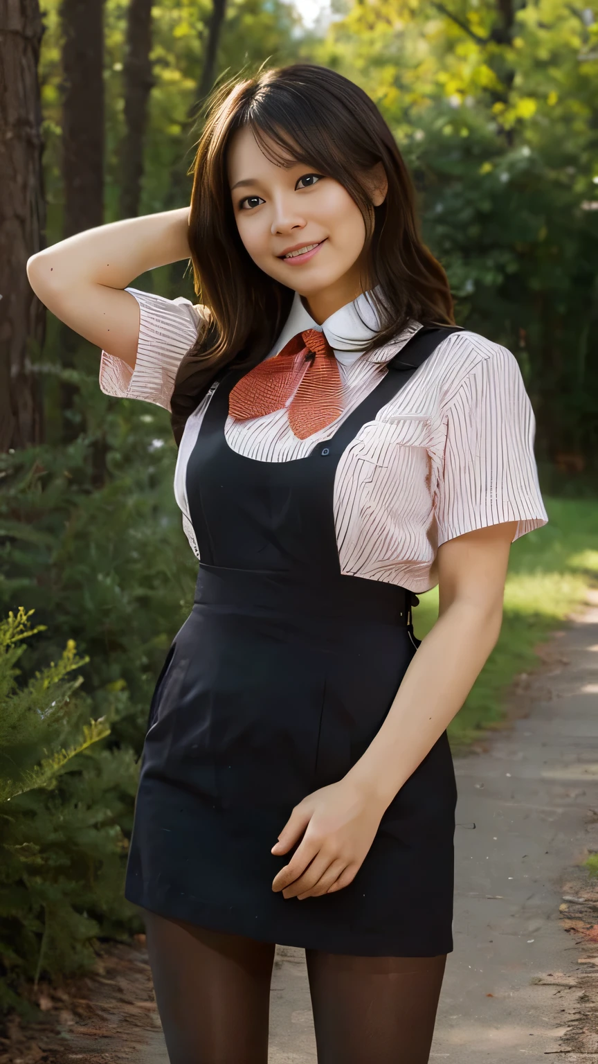 Highest quality、8k、masterpiece、Ultra-high resolution、Clear photos、Professional Lighting、Natural light、Realistic,、Highly detailed skin、Perfect Anatomy、(Beautiful Hands)、(Beautiful fingers)、Two Women、Age 25、Baby Face:1.8、Large Breasts、(Large areola)、Glamour、Bob Hair、Brown Hair、Beautiful Hair、smile、Star Uniform、Black vest、Short sleeve shirt、Black tight mini skirt、((Perfect Pantyhose:1.2))、((Black Pantyhose:1.1))、Plateau scenery、On the hiking trail、Attractive pose