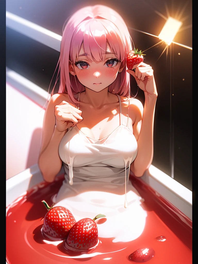 (Sumilux f1.4 50mm , low Latitude old color negative film , cross process , bokeh, flare, chromatic aberration , soft focus, (Shallow focus) , soft glow , Maximum aperture, low Key , Transparent depiction) , coquettish , (udder Dairy cow) , strawberrys , Kama Sutra , (hide with strawberry) , (hide with condense milk) , short camisole , in the condense Milk bath , Stimulate with strawberries , (Blank look) , (Covered in condensed milk:0.8) , forced insert