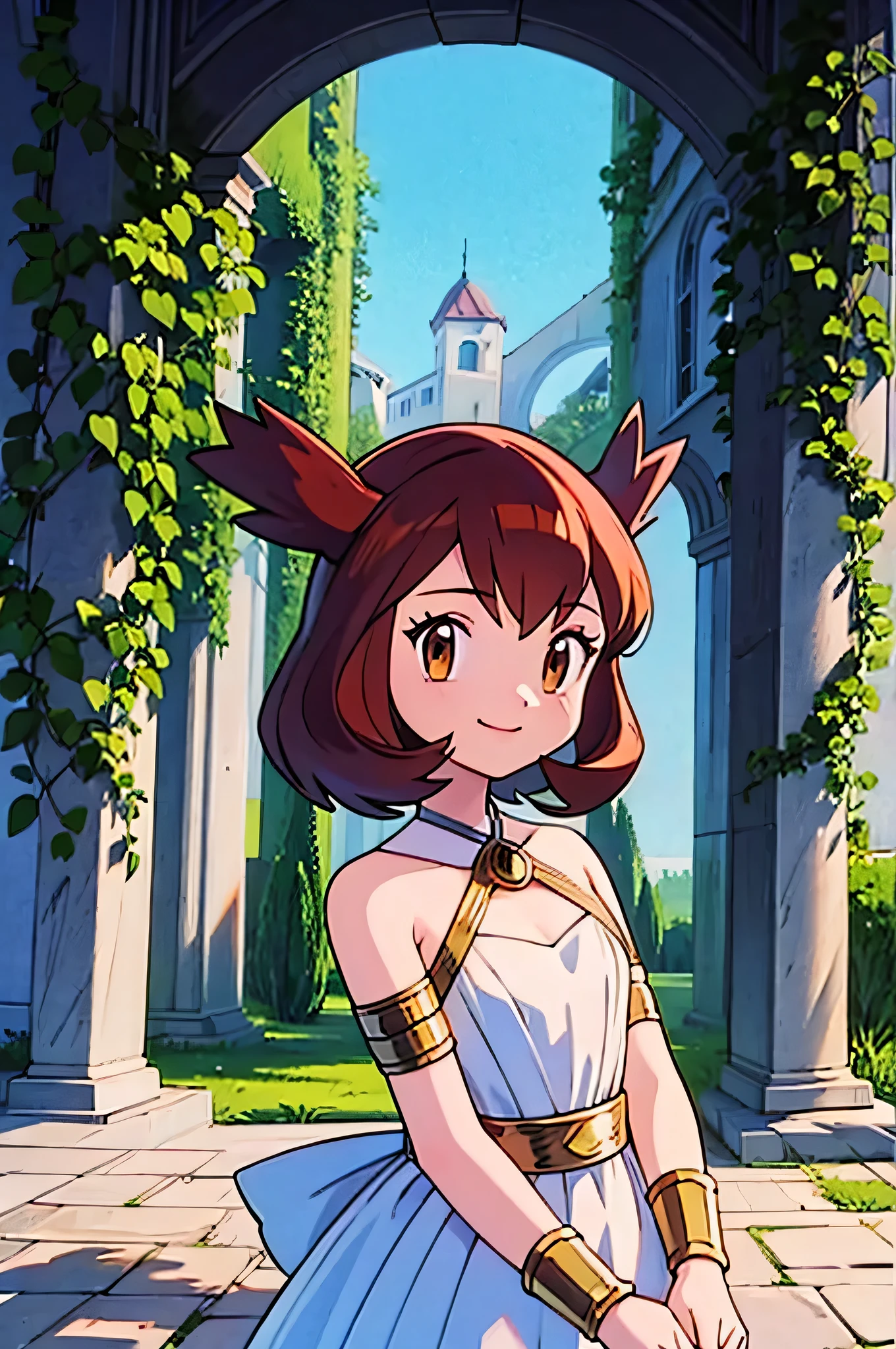masterpiece, best quality, ultra-detailed, illustration, beautiful detailed eyes, very detailed illustration, cinematic lighting, 1 girl, solo, Pokemon Heroes (Bianca), Brown Hair, brown eyes, bare shoulders, greek clothes, peplos, armlet, arch, pillar, standing near a mansion, overgrown, vines, blue sky, arms at sides, smile, Close up portrait, looking at viewers, far from the bottom