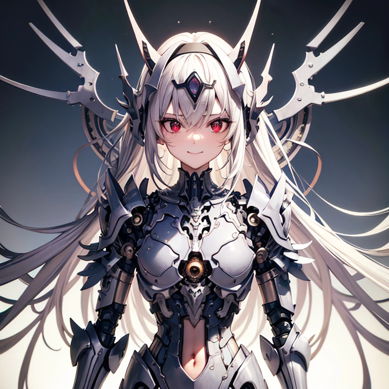 ?????, High resolution, gauze, smile, Shortcuts, bangs, Red eyes, Headpiece, Bangs between the eyes, Headband, Horns of the beast, multiview, Decorative art, masterpiece, accurate, Anatomically correct, 最high quality, High resolution, High detail, High-resolution model, high quality, Very detailed, Grey Hair, Silver Hair, Intersecting bangs, ?????, Hide your ears, Open your mouth a little, tooth, Smiling with teeth showing, Slanted Eyes, Character portrait, Setting diagram, Status Table, bonus, Character Design画, Headband, Mole at the corner of the mouth, Feather Hair Accessories, Drop Shadow, 8k octane, アニメ, アニメ風, Character Design, Brown skin、Bone wings on the back、Muscle Exposure、Shoulder ????、Mechanical limbs、