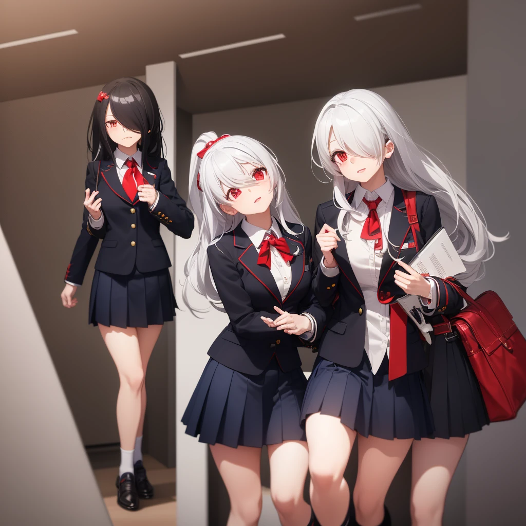 kurumi tokisaki school uniform, (tokisaki kurumi:1.2), long hair, skirt, white hair, (red eyes:1.3), long sleeves, ribbon, school uniform, jacket, pleated skirt, bag, (hair over one eye:1.5), blue skirt, blazer, school bag, black blazer,