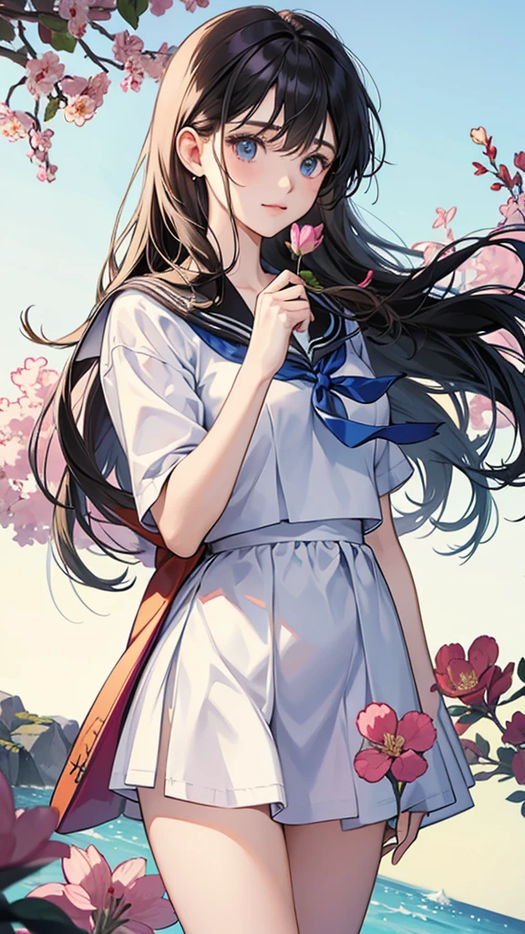 Girl holding flowers,hight detail, Higher quality, perfection , Sailor suit