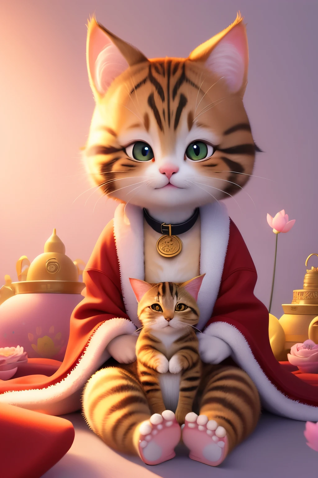 1cat,solo,sitting,relaxed,looking at viewer,calm expression,fluffy fur,brown tabby pattern,wearing a cute collar and red robe with golden kasaya,peaceful background with a Buddha,cat sitting at Buddha's lap,lotus flowers,soft pastel colors,animation style,high quality,heavenly light effects,(Masterpiece:1.25),(best quality:1.25),(ultra-detailed:1.1),(adorable:1.1),(kawaii style:1.1),(high resolution:1.2)(((blue)))